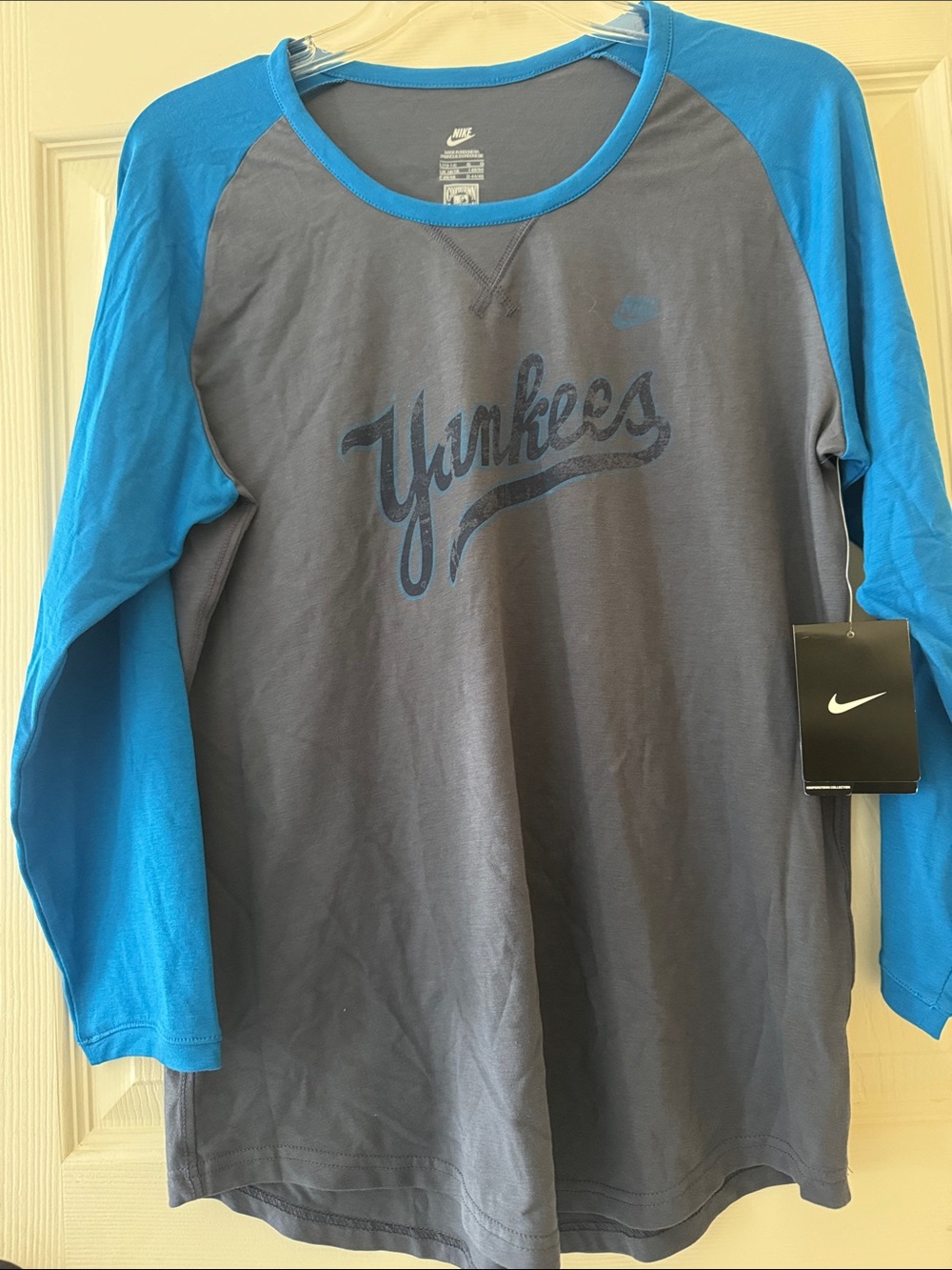 Nike Gray and Bright Blue Raglan  3/4-Sleeve Yankees Tee
